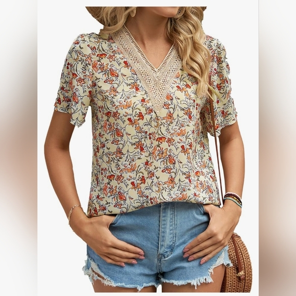Boho Tops Blouses for Women V Neck Floral Summer Shirts Trendy Short Sleeve - Picture 10 of 14